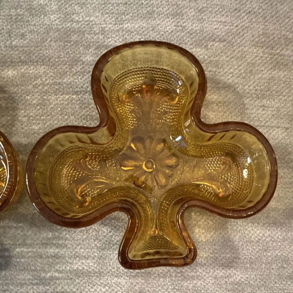 1970’s Amber Glass Shamrock Trinket Dishes set 2 Floral Pattern Indiana Glass Co
